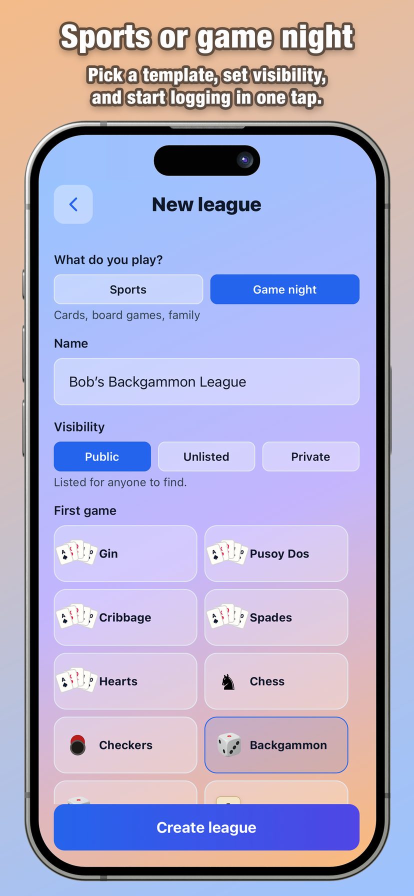 Start a sports or game night league from a template.