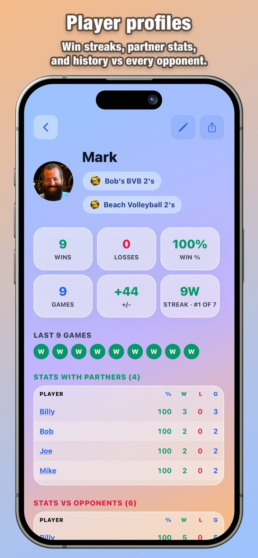 Player profiles with win streaks, partner stats, and history.