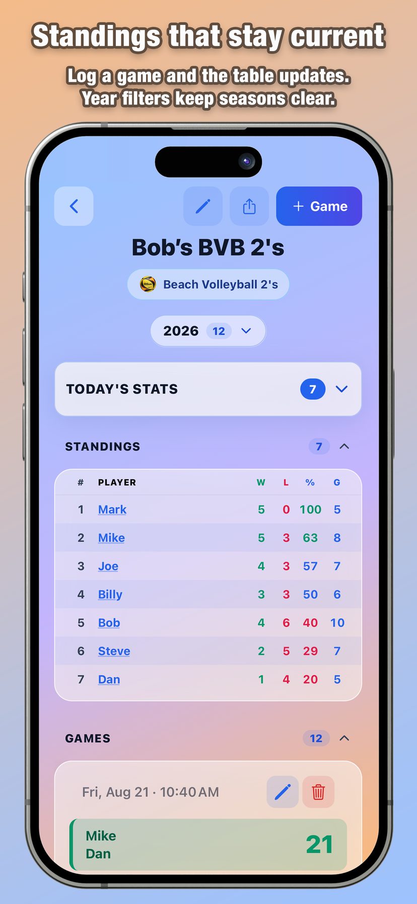 Standings that stay current when you log a game.